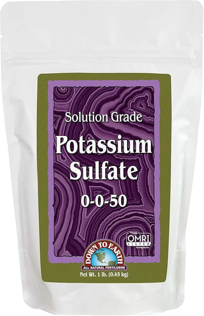 Down To Earth All Natural Fertilizers Organic Solution Grade Potassium Sulfate - Professional Grade SOP Powder 200 mesh for Liquid or Spray Applications 0-0-50, 1 lb