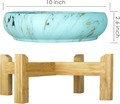ARTKETTY Succulent Pot, Large Succulent Planters with Stand, 10 Inch Ceramic Bonsai Pots with Drainage Round Marble Cactus Flower Plant Bowl for Indoor/Outdoor