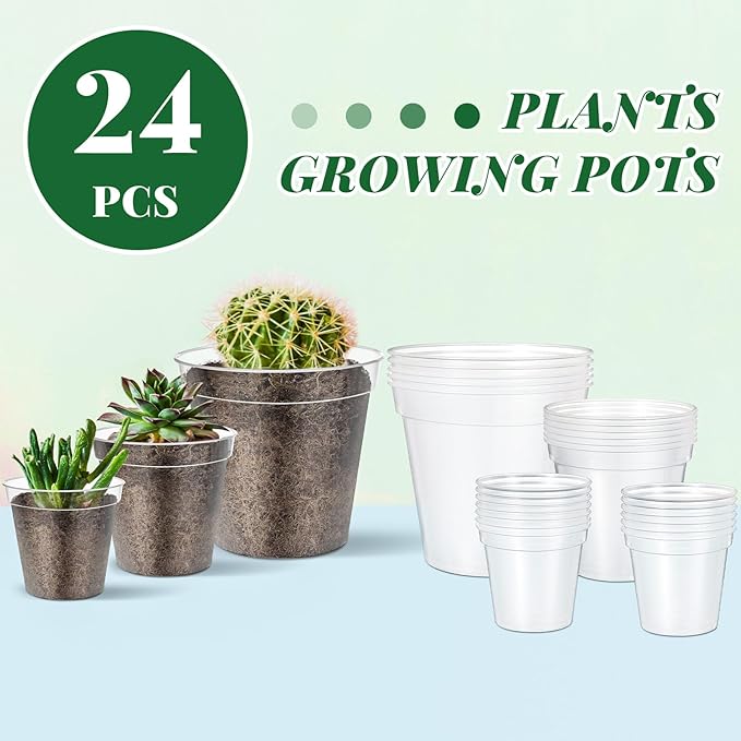 Maxcheck 24 Pcs Thick Clear Nursery Pots for Plants Transparent Plastic Garden Pots with Holes for Seedling Variety Plants Growing in Garden Home (4+6+8 Inch)