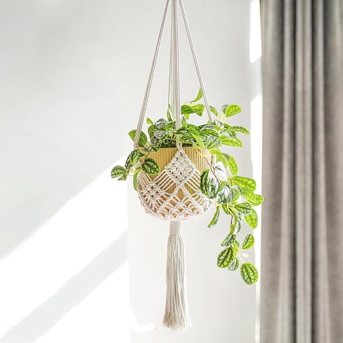 4 Pack Macrame Plant Hangers Indoor Up to 10 inch Pot, Boho Hanging Planters, Plant Holder with 8Pcs Stainless Steel Hooks