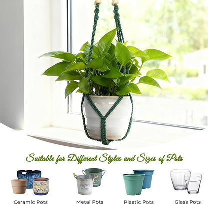 Macrame Plant Hanger,Up to 4-15 inch Pots, Wood Beads Cotton Hanging Planter Holder for Indoor Outdoor Boho Home Decor, 35 Inch, Ivory, Set of 2 (Green)