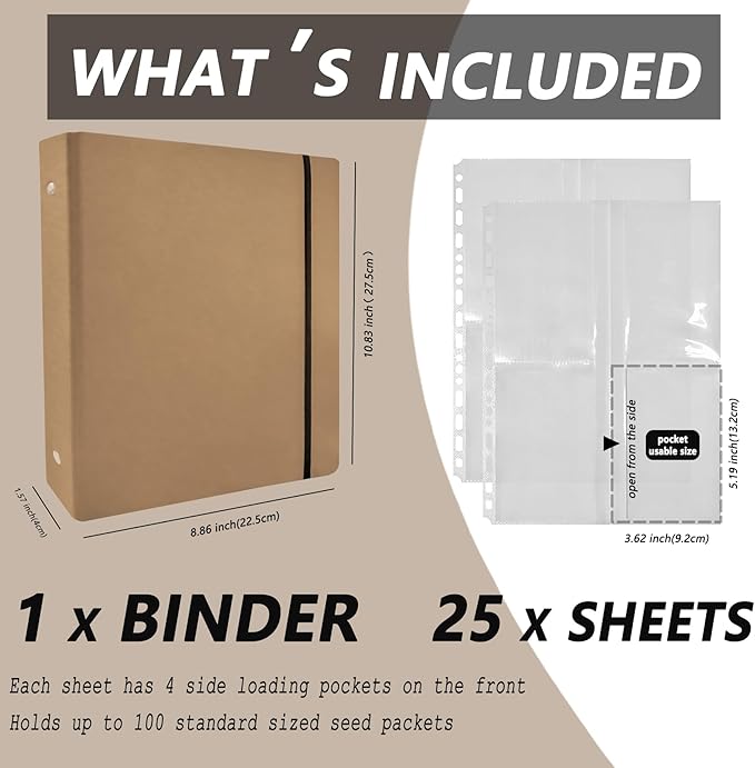 FERENLI Seed Storage Organizer Kraft Paper Binder Shell Seed Packet Organizer with 100 Pockets (Slot Size 3.62x5.19 inch) 25 Packs Clear Sheet Protectors for Organizing Seed Envelopes Photo Card