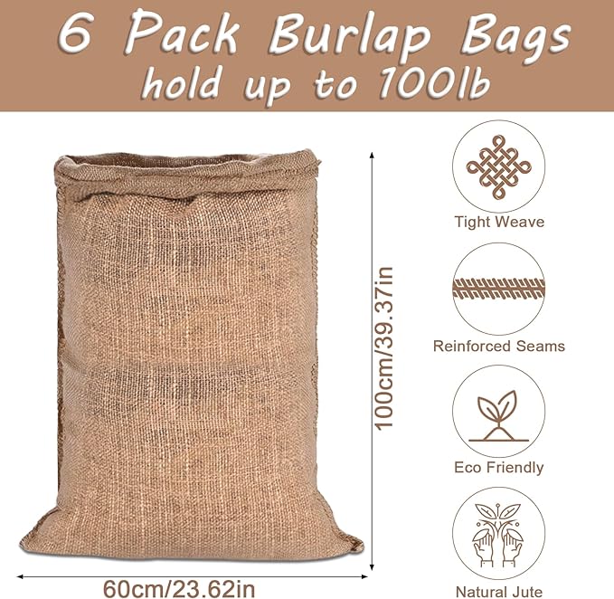Kmise Burlap Potato Sack Race Bags (Pack of 6)，39"x25" Large Natural Jute Burlap Sacks for Kids & Adults, Reusable Eco-Friendly Grow Bag for Field Day Games, 3-Legged Races & Harvest Storage