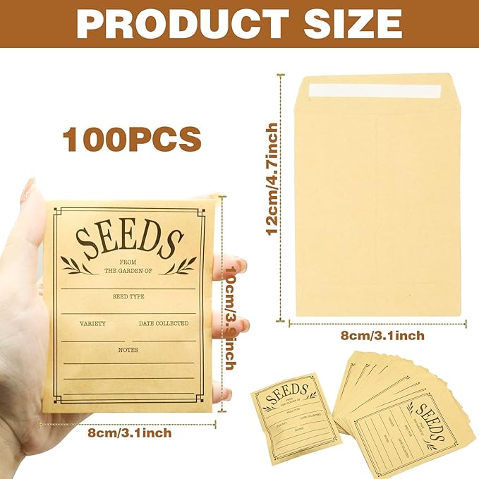 100Pcs Seed Envelopes, Seed Envelope Resealable Brown Paper Self Adhesive Sealing Seeds Saving Envelopes for Storage Vegetable Flower Seeds, 3.1x4.7 Inch