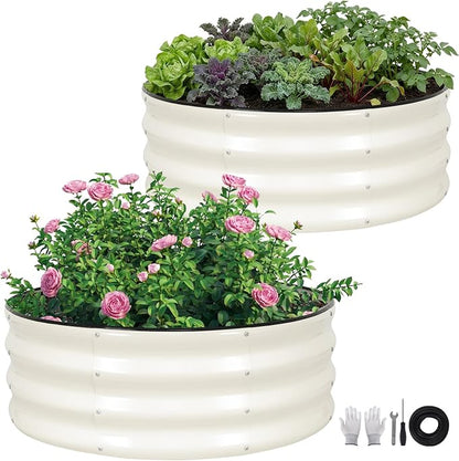 ZORMY Galvanized Raised Garden Bed Outdoor, Round Metal Planter Boxes 2 Pcs, 3x3x1ft Steel Raised Bed Kit for Planting Vegetables, Fruits, Flowers(White)