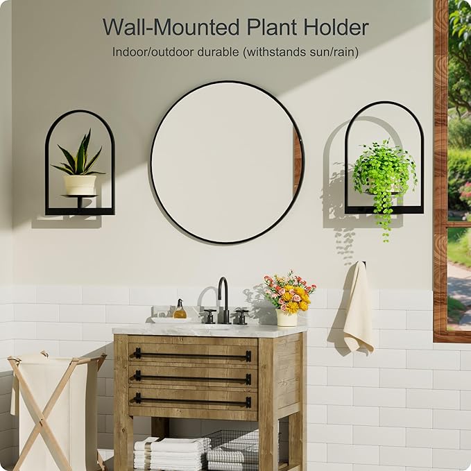 Black Metal Wall Plant Holder - 2-Pack Wall Mounted Plant Stands and Hanging Holders for Indoor Planter and Flower Pot - Arch Decor Shelf for Plant Storage (Pot Not Included)