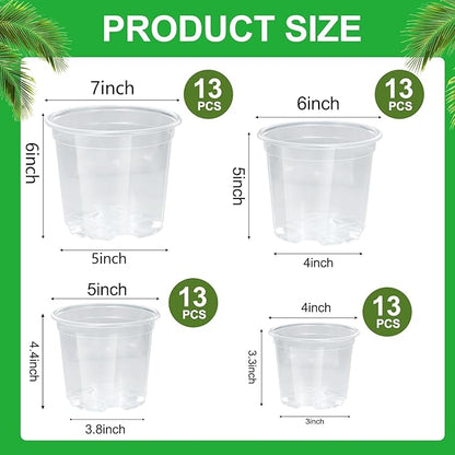 52 Pack 7/6/5/4 Inch Clear Nursery Pots with Drainage Holes,Plastic Plant Flower Pots for Planting,Succulents,Garden,Planters,Seed Starter,Indoor and Outdoor