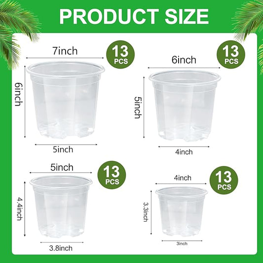 52 Pack 7/6/5/4 Inch Clear Nursery Pots with Drainage Holes,Plastic Plant Flower Pots for Planting,Succulents,Garden,Planters,Seed Starter,Indoor and Outdoor