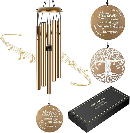 Sympathy Wind Chimes for Loss of Loved One, Memorial Windchimes for Lost Father Mother, Remembrance Bereavement Gift with Card, in Memory of Dad Mom Metal Funeral Decor for Garden Outdoor (39“ Gold)