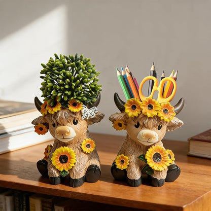 Highland Cow Planter, 4.3 Inch Resin highland cow figurine, Animal Pots With Drain, Cute Cow Planter Pots,Storage Containers For Outdoor Indoor Backyard Balcony Planters Home Garden Decor Gifts