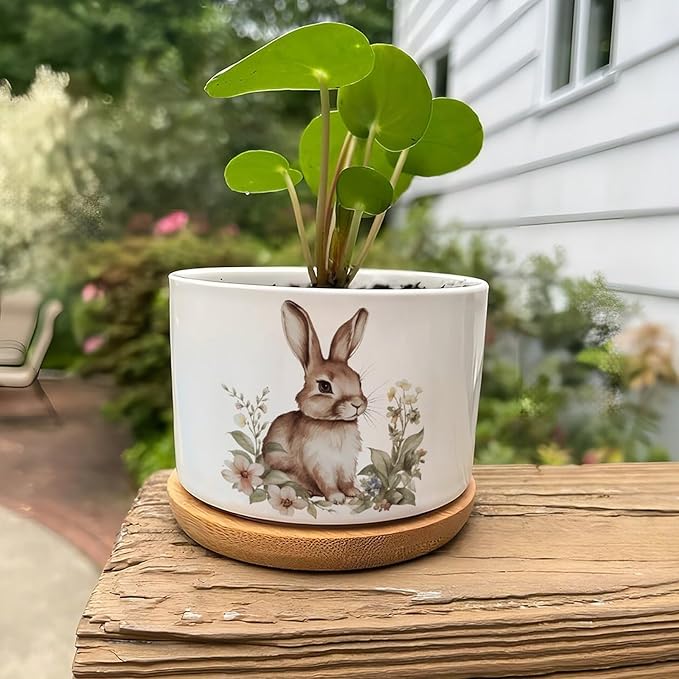 DreamAutumn Watercolor Easter Bunny Ceramic Pots for Plants with Drainage Holes Round Flower Pot Bamboo Tray Orchid Pot Succulents Pots for Outdoor Indoor Plants