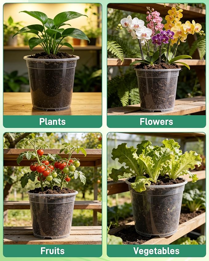 27 Pack Clear Nursery Pots with Drainage 12/9.5/8/7.5/6.7/5/4.5 Inch Nursery Pots with Saucers Transparent Seed Starting Pots Including Plant Labels for Indoor Outdoor Home Gardening