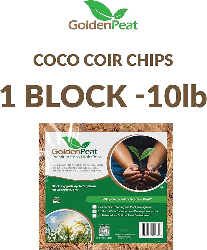 Organic 10lb Compressed Coco Chips Block is a Renewable high-Performing Substitute for Perlite eliminating Respiratory Hazards. Medium EC, Nutrient-Rich with Optimal Aeration and Drainage