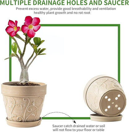Melphoe Plant Pots Indoor with Drainage & Saucer, 2Pack 7 inch Flower Pots Outdoor Planters for Indoor Plants Garden Home Decor Cactus Succulent, Rigid Plastic (Imitation-Terracotta) Vine-Embossed