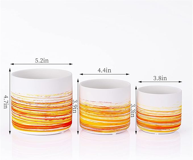 Ceramic Plant Pots 5.1+4.3+3.7 inch Hand-Painted Small Flower Pot Set of 3 Planters with Drainage Hole and Plug Used for Indoor Plants and Other Outdoor Garden（Orange）