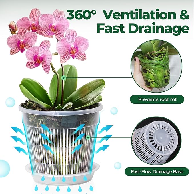 T4U Orchid Pot, 6 Pack 4.3 Inch Orchid Pots with Holes and Saucers, Clear Orchid Pots for Repotting, Plastic Flower Plant Pot for Indoor Outdoor Plants, Slotted Orchids Planter for Root Health