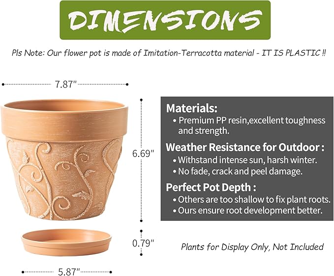 Melphoe Plant Pots Indoor with Drainage & Saucer, 2Pack 8 inch Flower Pots Outdoor Planters for Indoor Plants Garden Home Decor Cactus Succulent, Rigid Plastic (Imitation-Terracotta) Vine-Embossed