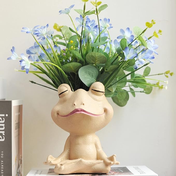Face Planters Pots Head Yoga Frog Resin Plant Pot with Drainage Hole(Khaki-A)