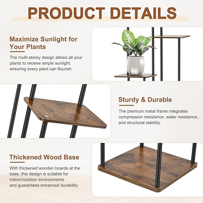 5 Tier Plant Stand Indoor Outdoor, Wood Metal Corner Shelf, Multiple Flower Pot Rack Holder Shelves, Planter Shelf Display Storage Organizer for Patio Living Room Balcony (Black)