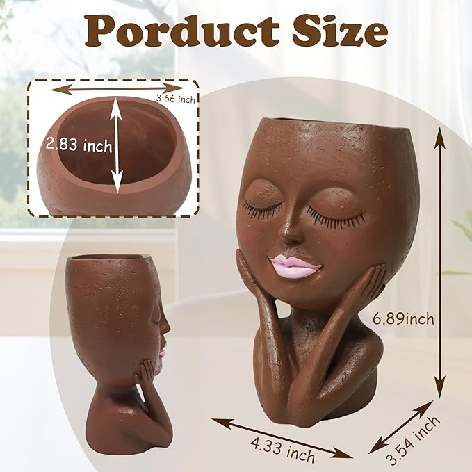 Face Planters Pots Head - Cute Succulents Plants Planters, Plant Pots Indoor with Drainage System, Garden Gifts for Wome, Garden Decorations for Outdoor, Unique Ornaments for Home, Dark