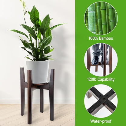 Adjustable Plant Stand with Tray,Indoor Wood Plant Stand Fit 8'' to 12'' Planter,Mid Century Modern Flower Pot Holder Rack(Plant and Pot Not Included)