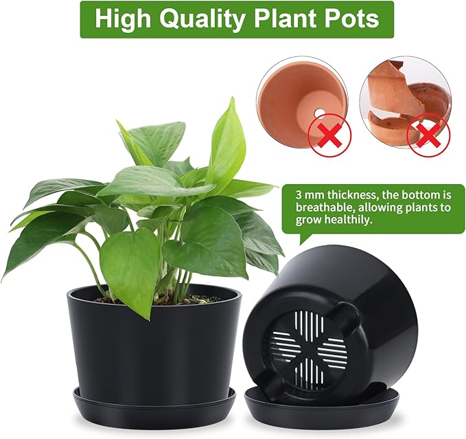 4.7 Inch Plastic Plant Pots 8 Pack, Round Classic Planters with Drainage Holes and Saucers for Indoor Outdoor Plants, Perfect for African Violet, Snake Plant, Succulents (Black)