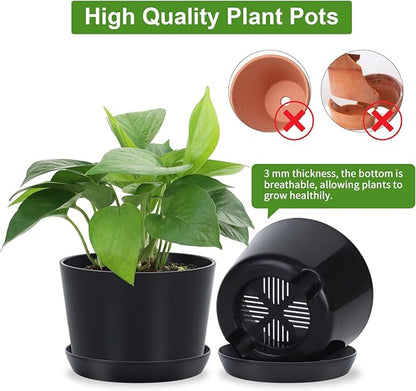 4.7 Inch Plastic Plant Pots 8 Pack, Round Classic Planters with Drainage Holes and Saucers for Indoor Outdoor Plants, Perfect for African Violet, Snake Plant, Succulents (Black)