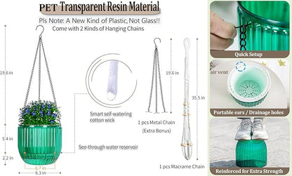 Melphoe Self Watering Hanging Planters for Indoor Plants, 1 Pack 8.3 Inch Outdoor Hanging Plant Pot Basket, 2 Kinds of Hangers Macrame 35.5’’ & Metal Chain 19.6’’ for Garden Home Decor