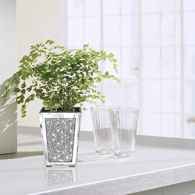 Meetart Crushed Diamond Mirrored Planter, Crystal Silver Glass Decorative Mirror Luxury Flower Pot ，with Drainage Hole and Tray for All House Plants, Succulents, Flowers, and Cactus.