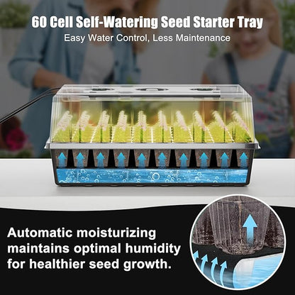 60 Cell Self-Watering Seed Starter Tray with Grow Light and Heat Mat,Seed Starter Kit,Humidity Domes,Auto Timer,Flexible Brightness Seedling Starter Trays for Seed Starting & Seeds Growing