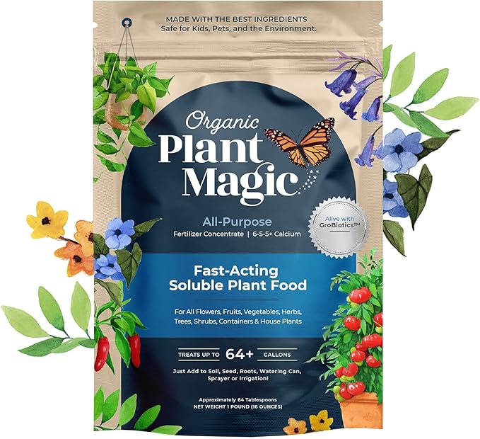 Organic Plant Magic - Fast Acting Soluble Plant Food All-Purpose Fertilizer Concentrate + Compressed Organic Potting Soil for Garden, Plants & Vegetables