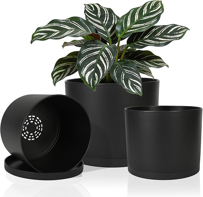 GARDIFE 10/9/8 Inch Modern Cylinder Planter, Plant Pots for Indoor Outdoor Plants, Flower Pots with Drainage Holes and Saucers for Garden Succulent Nursery House Plants (Black)
