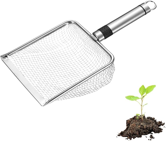 1-Pack Gardening Soil Sifter, 4.3 mm Mesh Stainless Steel Sand Soil Compost Sieve with Stainless Steel Handle for Sand/Dirt/Rock Compost, Screen Potting Scoop [Silver Tone]