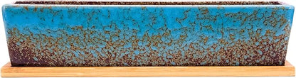 Succulent Pots - 12.1 Inch Large Succulent Planters Pots with Drainage Tray, Long Rectangle Ceramic Pot for Indoor Cactus/Succulent Plants Shallow Bonsai Window Box for Home Garden Decor (Blue)