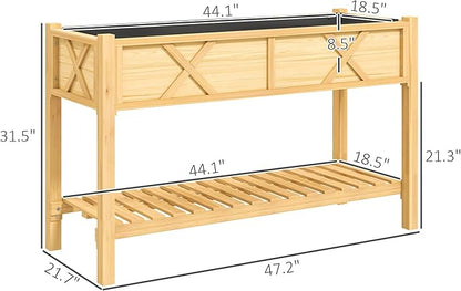 Outsunny Raised Garden Bed, Elevated Wood Planter Box with Storage Shelf, Drainage Holes, and Liner for Backyard, Patio, Balcony, 47 x 22 x 31.5 in, Natural