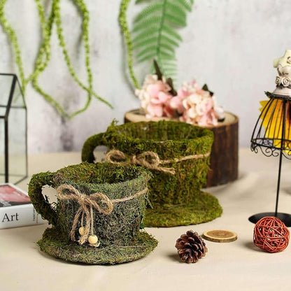 Efavormart Set of 2 | Preserved Moss Teacup Planter Box with Natural Braided Twine Bow - 5" & 4.5"