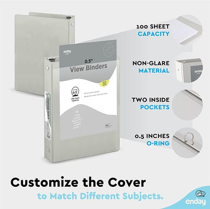 ½ Inch 3 Ring Binder .5 inch Grey Clear View Cover with 2 Inside Pockets, Colored School Supplies Office and Home Binders – by Enday