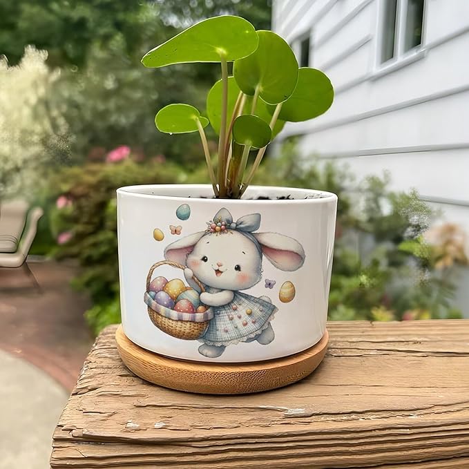 DreamAutumn Easter Bunny Flower Basket Ceramic Planters Ceramic Pots with Saucers Orchid Pots for Plants Succulents Pots Office Desk Garden Balconys New Home Decor,Gifts for Mom Mother Grandmother