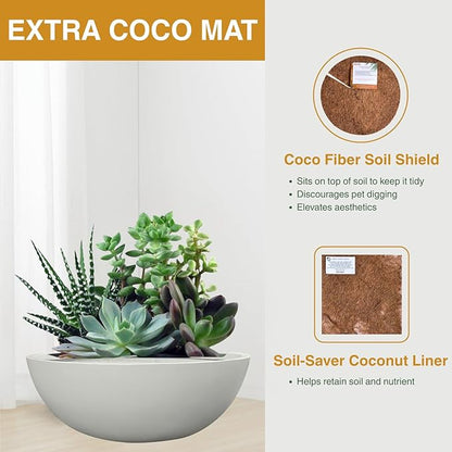 7.7" H x 22" D Round Bowl Fiberstone Planter for Succulent and Lotus with Drainage Hole, Smooth Finishes, Weather Resistant, Included 2 Extra Coco Mats (Light Gray, 19.9" Pot Opening)