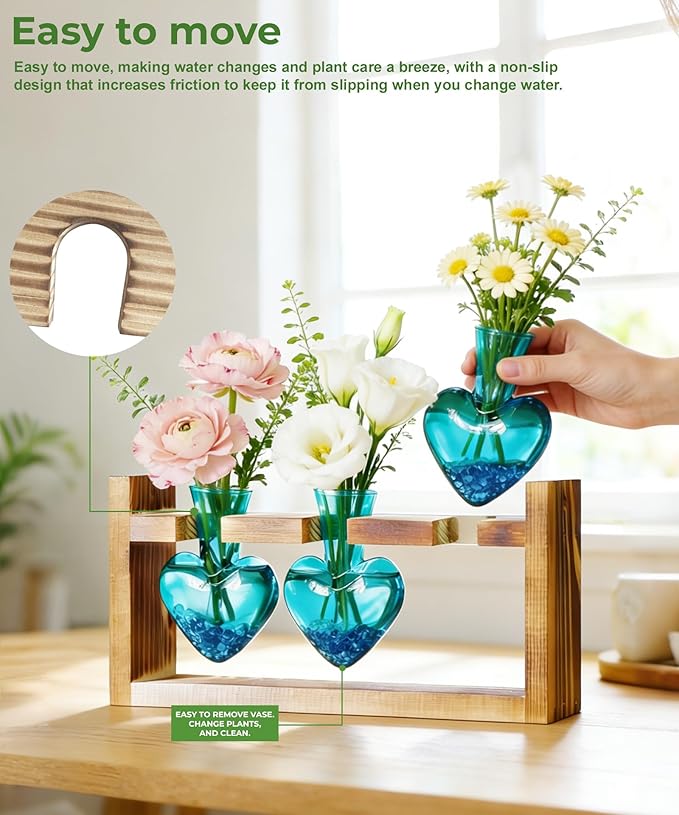 Nacome Plant Terrarium Propagation Stations: Birthday Gifts for Plant Lovers Women Mom Wife Daughter - 3 Bulb Glass Vase with Wooden Stand Tabletop for Hydroponics Home Garden Wall Decor