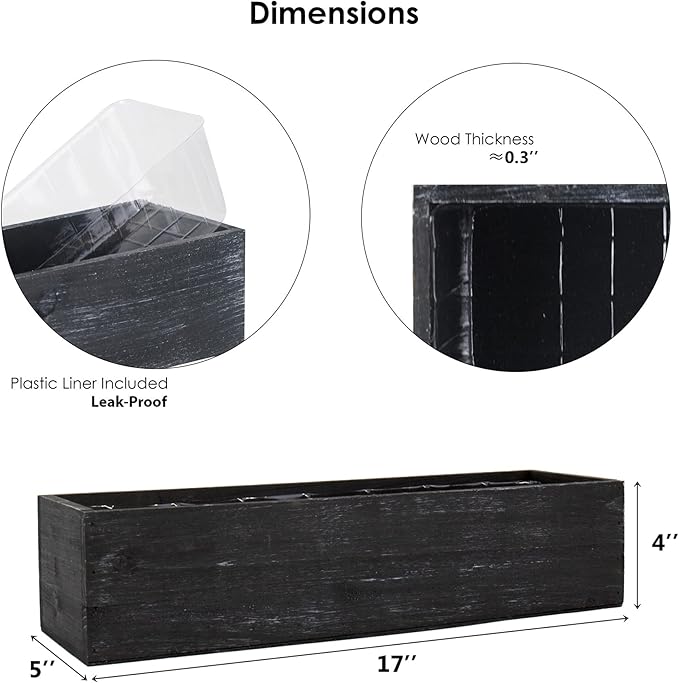 CYS EXCEL Black Wooden Planter Box (17"x5" H:4") with Removable Plastic Liner | Multiple Colors Rustic Rectangle Indoor Decorative Box