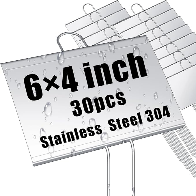 Landhoow 30 Pcs Large Metal Garden Plant Markers Metal Plant Labels Sign Weatherproof Waterproof Garden Sign for Outdoor Seedlings Herbs Vegetable Greenhouse (4'' X 6'' with 11'' Stake,Silver)