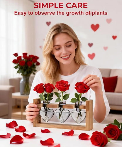 Nacome Plant Terrarium Propagation Stations: Birthday Gifts for Plant Lovers Women Mom Wife Daughter - 3 Bulb Glass Vase with Wooden Stand Tabletop for Hydroponics Home Garden Decor(Gray)