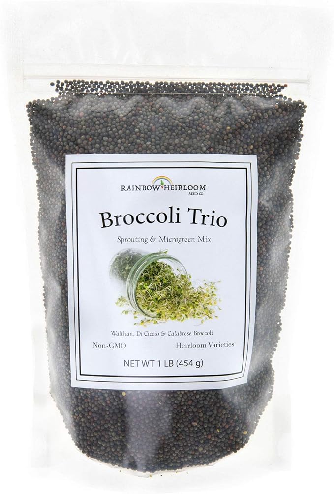 Broccoli Trio Sprouting & Microgreen Mix | Contains 3 Heirloom, Non GMO Broccoli Sprouting Seed Varieties for Sprouts & Microgreens | 1 LB Resealable Bag | Rainbow Heirloom Seed Co.