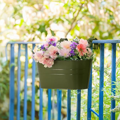 3 Pack Metal Railing Planters, 10.5" Oval Hanging Flower Pots with Detachable Hooks & Drainage Holes, Fits Rails up to 2.36", Galvanized Iron Fence Bucket for Balcony Garden Patio - Green