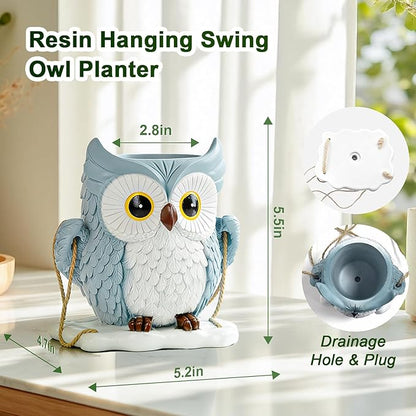 QCQHDU Swing Owl Hanging Pots with Drainage Hole, Small Resin Succulent Plant Planters, Cute Indoor/Outdoor Decor for Balcony Garden Patio, Women Gift Idea, Blue