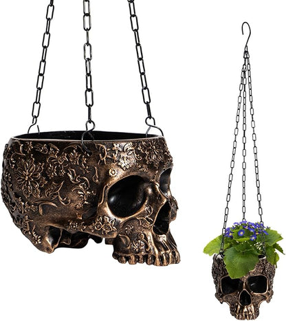 Hanging Skull Planter Pot with Chain and Hook Gothic Skeleton Candy Bowl Trick or Treat Bucket Spooky Skull Flower Pot Creepy Horror Home Decor Outdoor Indoor Garden Decoration 6 Inch Bronze Planter