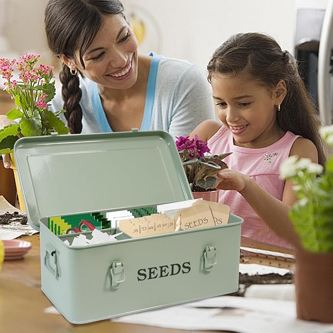 Garden Seed Box, Green Metal Seed Storage Box, Seed Storage Organizer Case with 4 Dividers, Seeds Packet Container for Gardening, Seed Envelope Storage Box with Portable Handle & Safety Lock