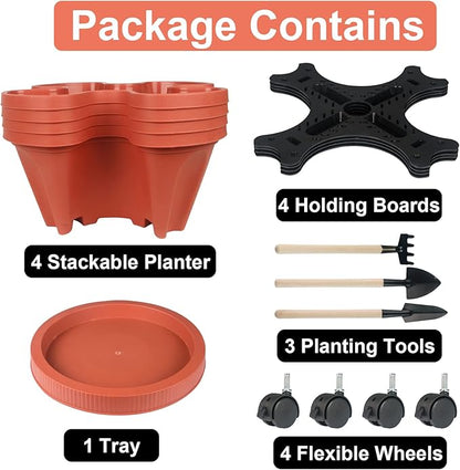 DUNCHATY Stackable Planters 4 Tier Vertical Garden Planting Tower Planters Strawberry, Herb, Flower, and Vegetable Planter Indoor Outdoor Gardening Pots with Removable Wheels and Tools