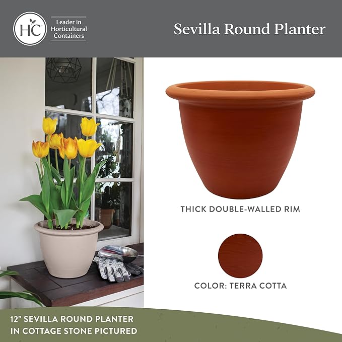 The HC Companies Sevilla Flower Planters - Outdoor & Indoor Planter - Round Self Watering Plant Pots for Herbs & More (16”, Sunset Terra Cotta, Pack of 2)